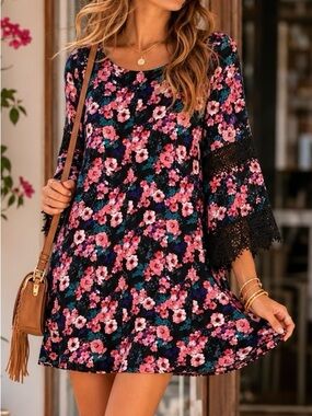 Altar’d State Floral Boho Shift Lace Dress Sz M